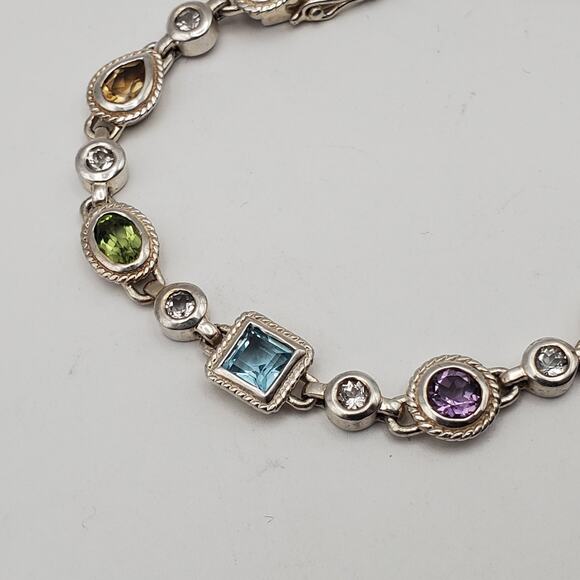 Colorful Multigemstone Sterling Silver 925 Link Tennis Bracelet 6.75" - Picture 2 of 7